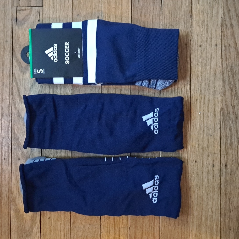 NWT blue addidas boys soccer socks, and one used